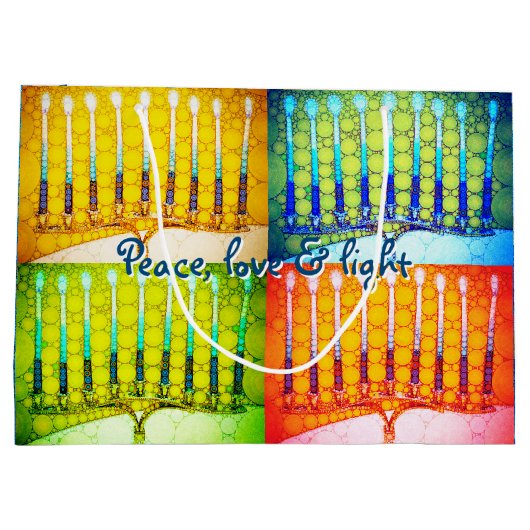 Chanoeka 4 Kleurrijke Menora's Vrede Liefde Licht Groot Cadeauzakje (Achterkant)