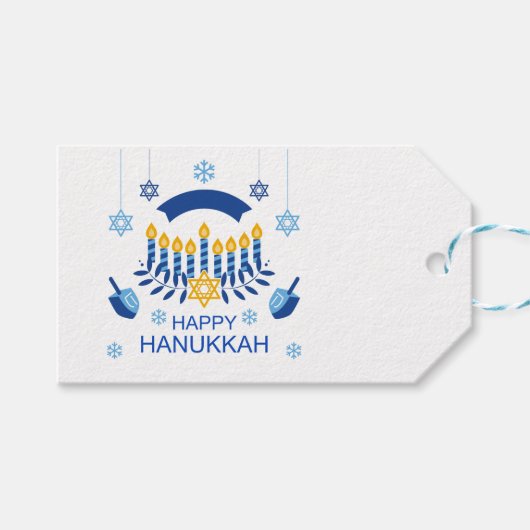 Chanoeka Blauw Goud Menorah Dreidel Sneeuwvlokken Cadeaulabel (Voorkant (Horizontaal))