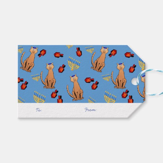 Chanoeka Cat Dreidel Blue Gift Label Cadeaulabel (Voorkant (Horizontaal))