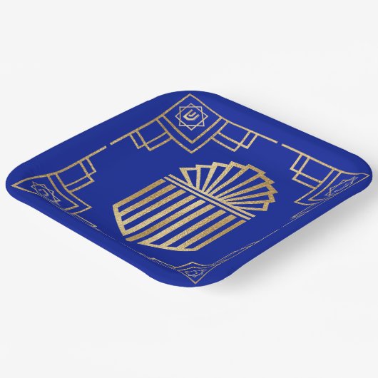 Chanoeka/Chanoeka Art Deco Goud Blauw Dreidels Papieren Bordje (Gebogen)