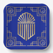 Chanoeka/Chanoeka Art Deco Goud Blauw Dreidels Papieren Bordje (Voorkant)