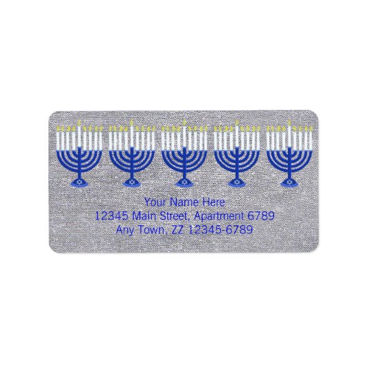 Chanoeka Donkerblauwe Menorah op Faux Silver Bling Etiket (Voorkant)