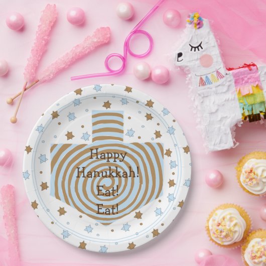 Chanoeka Dreidel Swirl Bruin Blauw Papier Borden Papieren Bordje (Feest)