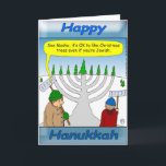 Chanoeka en het kerstseizoen feestdagen kaart<br><div class="desc">Deze cartoon maakt plezier tijdens de feestdagen. Het is oké om van kerstbomen te houden als je joods bent. Chanoeka Struiken zijn ook geweldig! Prettige feestdagen Nee!</div>