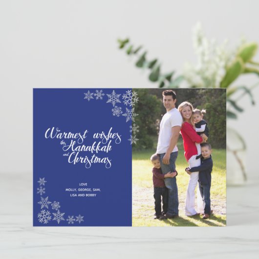 Chanoeka en Kerstmis Moderne Foto Kaart Blauw (Staand voorkant)
