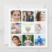 Chanoeka familie foto collage goud blauw feestdagenkaart (Voorkant)