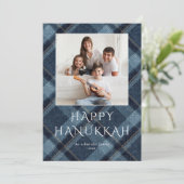 Chanoeka Foto's Blauw Plaid Feestdagenkaart (Staand voorkant)