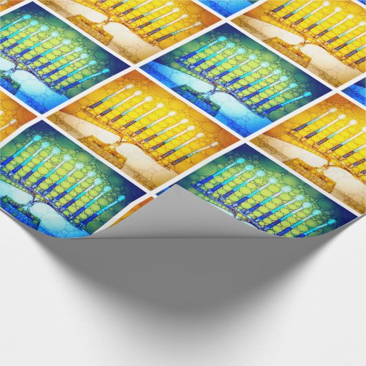 Chanoeka Geel Blauw Menora Patroon Modern Chic Cadeaupapier (Hoek)