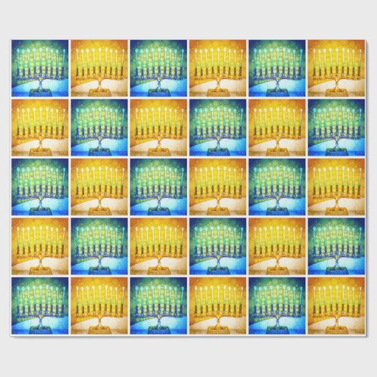 Chanoeka Geel Blauw Menora Patroon Modern Chic Cadeaupapier (Vlak)