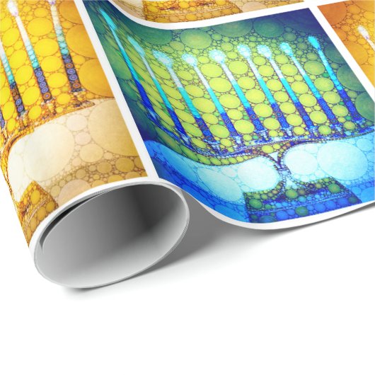 Chanoeka Geel Blauw Menora Patroon Modern Chic Cadeaupapier (Rol Hoek)
