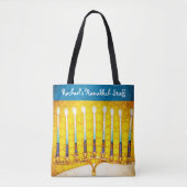 Chanoeka Geel Goud Menorah Moderne aangepaste naam Tote Bag (Voorkant)