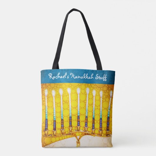 Chanoeka Geel Goud Menorah Moderne aangepaste naam Tote Bag (Achterkant)