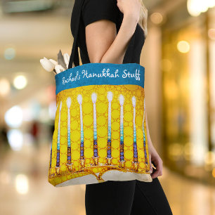 Chanoeka Geel Goud Menorah Moderne aangepaste naam Tote Bag