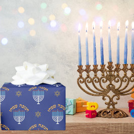Chanoeka Gouden Ster van David Menorah Wit Blauw Cadeaupapier