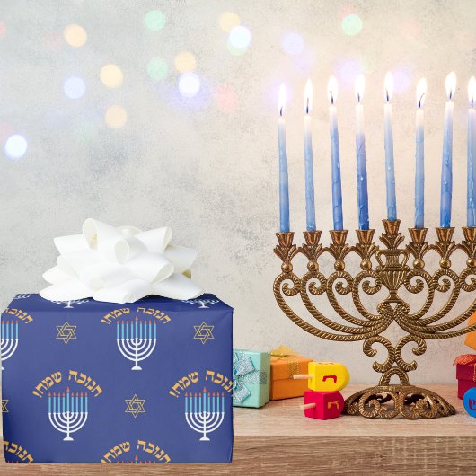 Chanoeka Gouden Ster van David Menorah Wit Blauw Cadeaupapier
