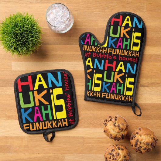 Chanoeka is Funukkah Oven Mitt & Pot Holder Set (Top down)
