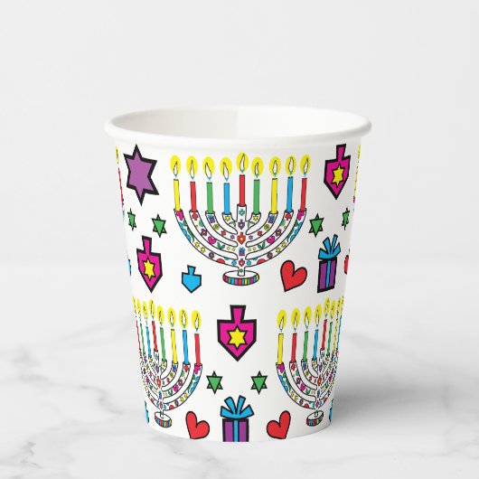 Chanoeka Kleurrijke Menorahs 8 oz. Papieren Bekers (Links)
