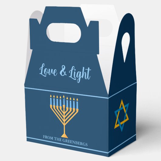 Chanoeka Liefde en Licht Menorah Custom Blue Party Bedankdoosjes (Geopend)