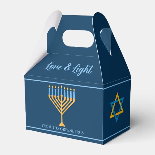 Chanoeka Liefde en Licht Menorah Custom Blue Party Bedankdoosjes (Voorkant Zijde)