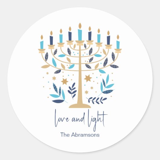 Chanoeka Liefde & Licht Bloemen Menorah Ronde Sticker (Voorkant)
