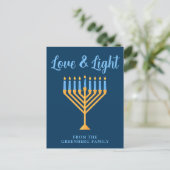 Chanoeka Liefde & Licht Custom Blauw Goud Menorah Briefkaart (Staand voorkant)