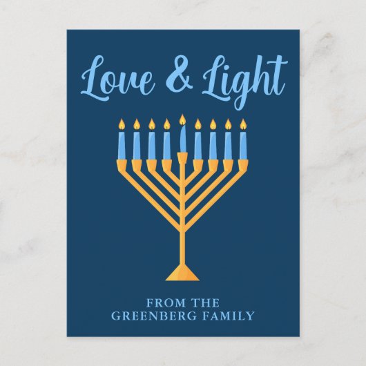 Chanoeka Liefde & Licht Custom Blauw Goud Menorah Briefkaart (Voorkant)