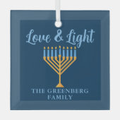Chanoeka Liefde & Licht Custom Blauw Goud Menorah Glas Ornament (Voorkant)