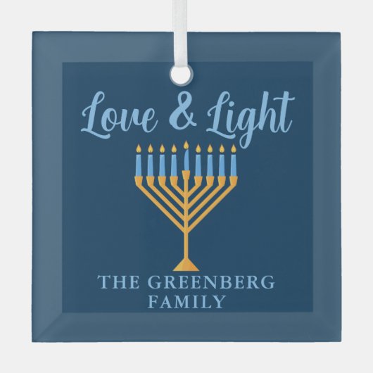 Chanoeka Liefde & Licht Custom Blauw Goud Menorah Glas Ornament (Voorkant)