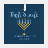 Chanoeka Liefde & Licht Custom Blauw Goud Menorah Glas Ornament (Achterkant)