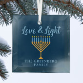 Chanoeka Liefde & Licht Custom Blauw Goud Menorah Glas Ornament