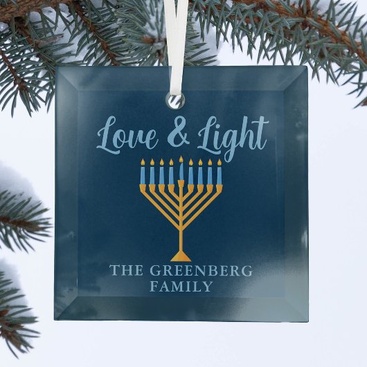 Chanoeka Liefde & Licht Custom Blauw Goud Menorah Glas Ornament