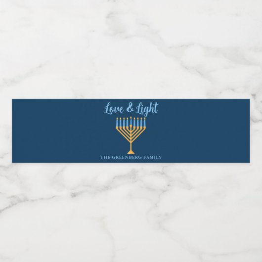 Chanoeka Liefde & Licht Custom Blauw Menorah Party Waterfles Etiket (Enkel label)