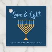 Chanoeka Liefde & Licht Custom Menorah Blauw Feest Bedankjes Labels (Voorkant)