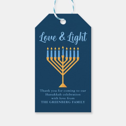 Chanoeka Liefde & Licht Custom Menorah Blauw Feest Cadeaulabel (Voorkant)