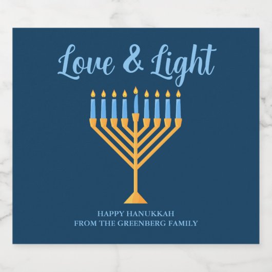 Chanoeka Liefde & Licht Custom Menorah Blauw Feest Sparkling Wijnetiket (Enkel label)