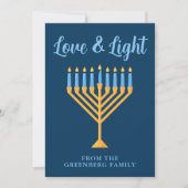 Chanoeka Liefde & Licht Custom Menorah Blauw Goud Feestdagenkaart (Voorkant)