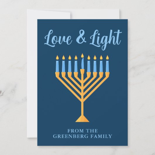 Chanoeka Liefde & Licht Custom Menorah Blauw Goud Feestdagenkaart (Voorkant)