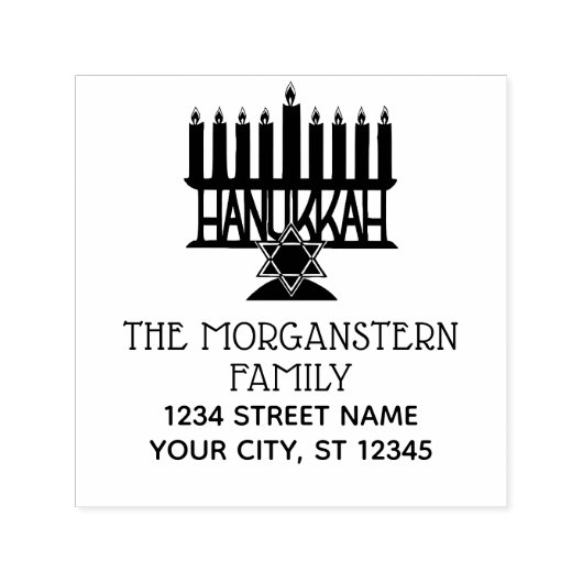Chanoeka Lit Menorah #2 Twee-lijn naam adres Zelfinktende Stempel (Design)