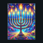 Chanoeka menorah gloed in psychedelische kleuren briefkaart<br><div class="desc">Vier de geest van Chanoeka, met zijn menora gloeien in een symfonie van psychedelische kleuren, elke vlam een baken van hoop en vreugde te midden van een universum van patronen en licht. 🕎🌈</div>