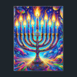 Chanoeka menorah gloed in psychedelische kleuren briefkaart<br><div class="desc">Vier de geest van Chanoeka,  met zijn menora gloeien in een symfonie van psychedelische kleuren,  elke vlam een baken van hoop en vreugde te midden van een universum van patronen en licht. 🕎🌈</div>