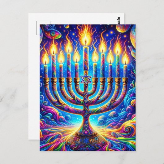 Chanoeka menorah gloed in psychedelische kleuren briefkaart (Voorkant / Achterkant)