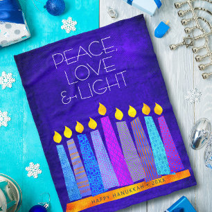 Chanoeka Menorah kaarsen op blauw, vrede liefde li Fleece Deken