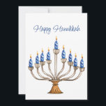 Chanoeka Menorah met blauwe, witte brandende kaars<br><div class="desc">Waterverf Menorah met blauw-witte brandende kaarsen. Gelukkige Chanoeka begroeting en sentiment op de rug kan worden veranderd. AI-ondersteunde grafische producten die zijn gekocht voor commercieel gebruik. Illustratie: CosmicMeta</div>