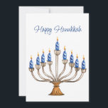 Chanoeka Menorah met blauwe, witte brandende kaars<br><div class="desc">Waterverf Menorah met blauw-witte brandende kaarsen. Gelukkige Chanoeka begroeting en sentiment op de rug kan worden veranderd. AI-ondersteunde grafische producten die zijn gekocht voor commercieel gebruik. Illustratie: CosmicMeta</div>