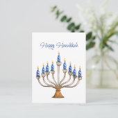 Chanoeka Menorah met blauwe, witte brandende kaars Briefkaart (Staand voorkant)