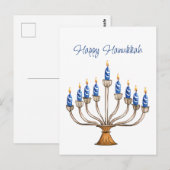 Chanoeka Menorah met blauwe, witte brandende kaars Briefkaart (Voorkant / Achterkant)