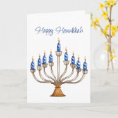 Chanoeka Menorah met blauwe, witte brandende kaars Kaart (Gele Bloem)
