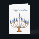 Chanoeka Menorah met blauwe, witte brandende kaars Kaart<br><div class="desc">Waterverf Menorah met blauw-witte brandende kaarsen. Gelukkige Chanoeka begroeting en sentiment binnen kan worden veranderd. AI-ondersteunde grafische producten die zijn gekocht voor commercieel gebruik. Illustratie: CosmicMeta</div>