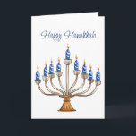 Chanoeka Menorah met blauwe, witte brandende kaars Kaart<br><div class="desc">Waterverf Menorah met blauw-witte brandende kaarsen. Gelukkige Chanoeka begroeting en sentiment binnen kan worden veranderd. AI-ondersteunde grafische producten die zijn gekocht voor commercieel gebruik. Illustratie: CosmicMeta</div>
