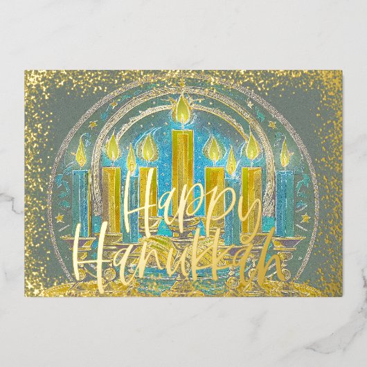 Chanoeka Menorah Tekening Geel Blauw Grijs Folie Feestdagenkaart (Voorkant)